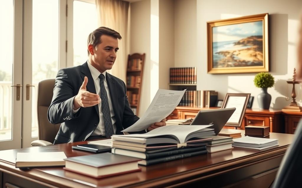 A Spacious Law Office Interior, Sunlight Streaming Through Large Windows. In The Foreground, A Professional-Looking Lawyer In A Suit Gestures While Explaining Documents To A Client. On The Desk, Law Books, A Laptop, And A Framed Certificate. The Background Features A Bookshelf Filled With Legal Tomes And Mementos, Conveying An Atmosphere Of Expertise And Authority. The Lighting Is Warm And Inviting, Setting A Tone Of Trust And Competence. An Oil Painting Of A Coastal Landscape Hangs On The Wall, Hinting At The Location &Quot;Myrtle Beach&Quot;. The Overall Impression Is One Of A Skilled, Compassionate Legal Professional Ready To Guide A Client Through A Hit And Run Case.